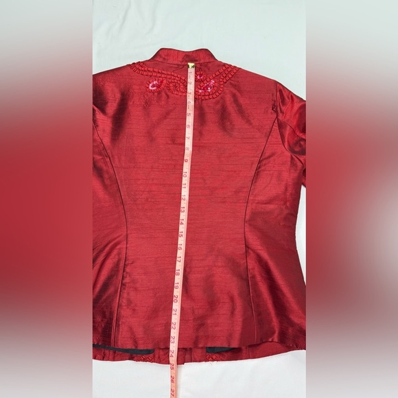 Chicos Silk Look Dress Jacket Ribbon Sequins Terracotta Red Hidden Buttons Sz 8 - Picture 6 of 6